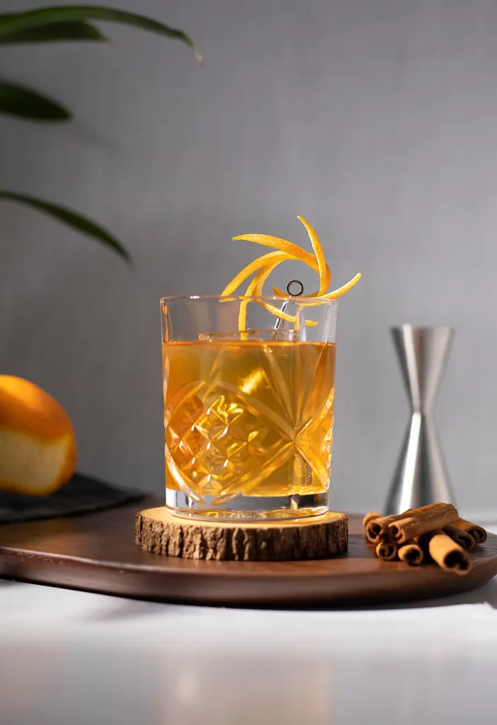 un elegante bicchiere rock riempito con un cocktail marrone dorato.' title=