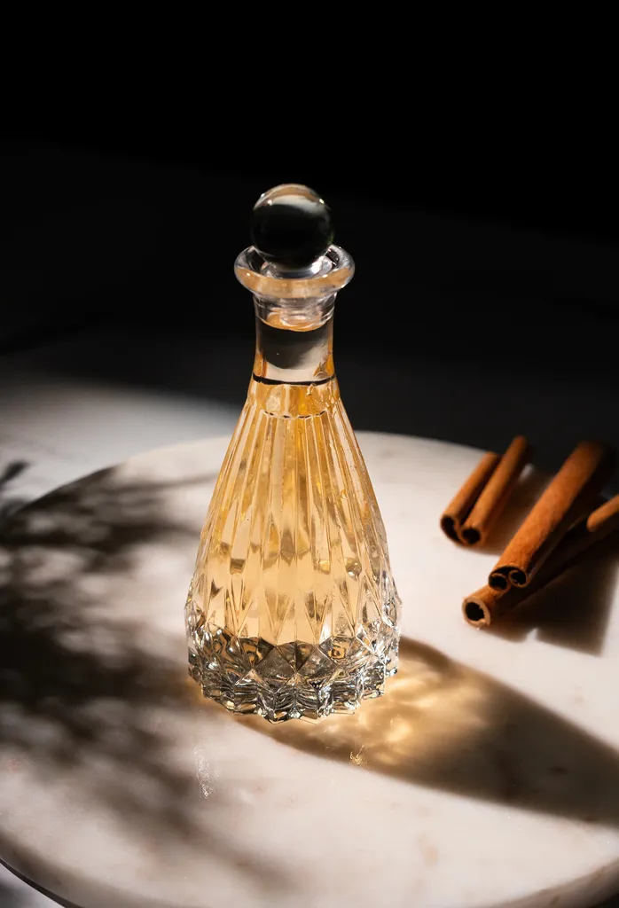 liquido giallo pallido in una bottiglia di vetro acidato vintage accanto a bastoncini di cannella.' title=