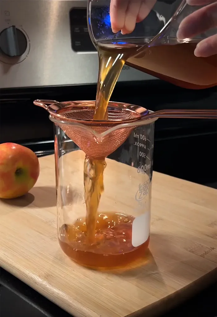 황금빛 갈색 시럽을 미세한 메쉬 스트레이너를 통해 측정 컵에 붓습니다.' title=