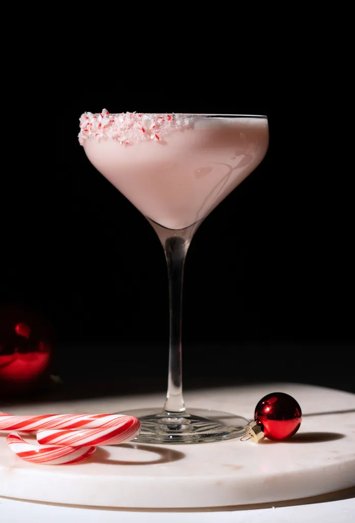 Rosafarbenes, cremiges Getränk in einem Coupé-Glas mit zerstoßenen Zuckerstangen.' title=