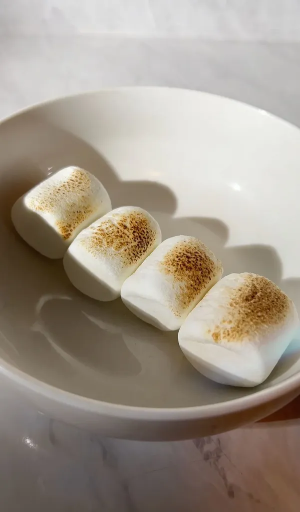 quattro marshmallow leggermente tostati in un piatto fondo.' title=