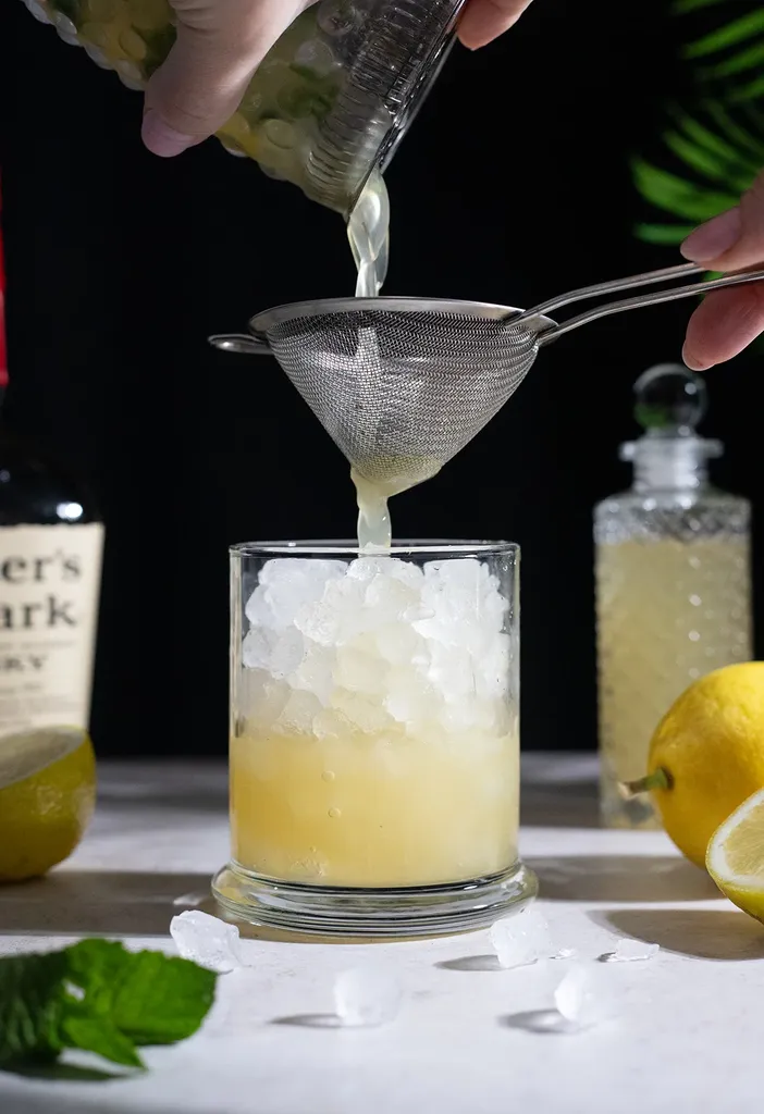 colar el líquido a través de un colador de malla fina en un vaso bajo lleno de hielo picado.' title=