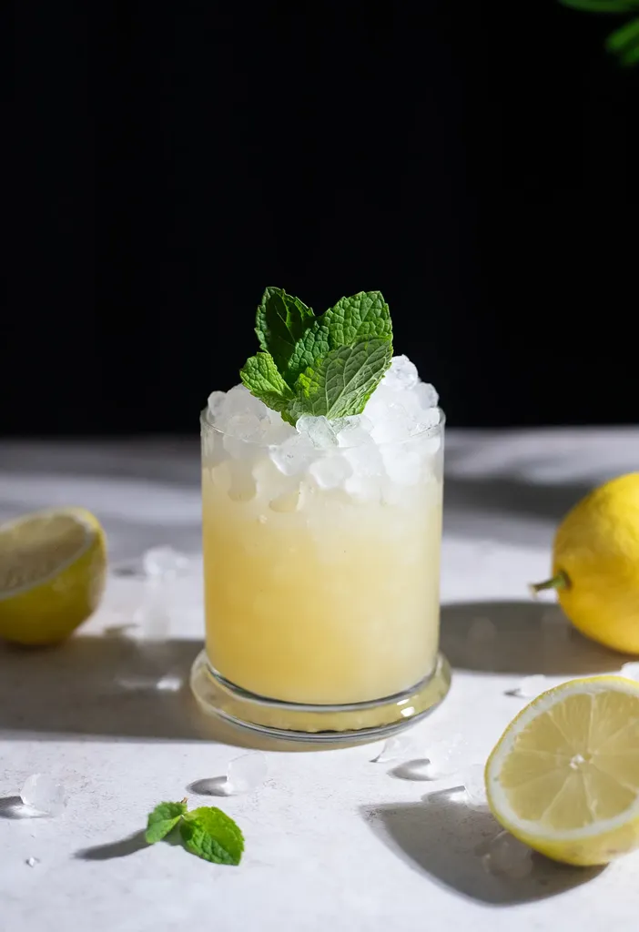 bebida amarilla sobre hielo picado en un vaso bajo con hojas de menta y limones.' title=