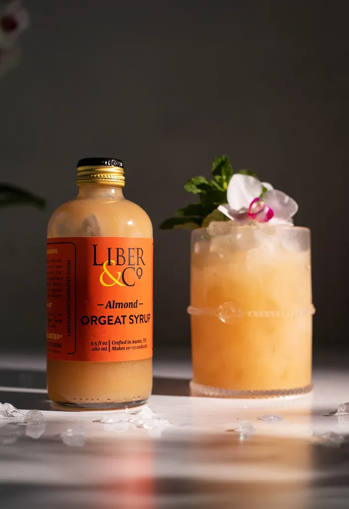 fľaša tan Liber and Co mandľového orgeátového sirupu vedľa kokteilu.' loading='lazy' title=