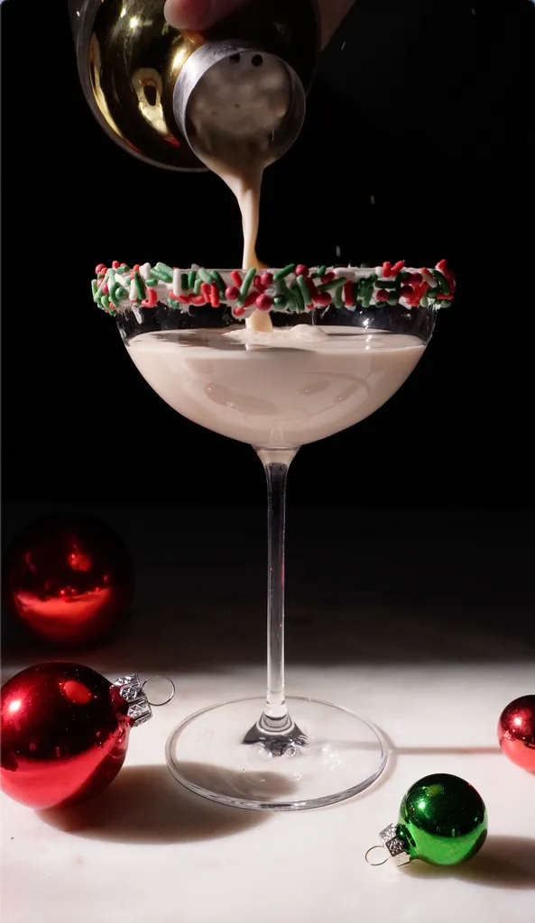 nalievanie bieleho krémového nápoja z koktailového šejkra do pohára na kupé.' title=