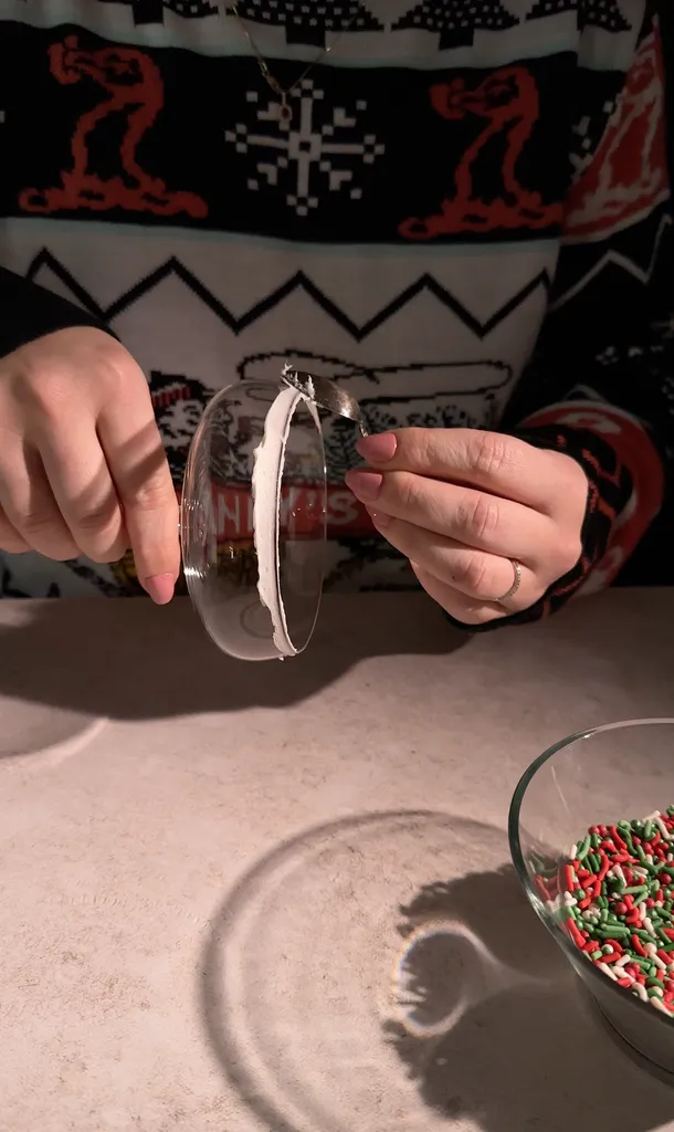 natieranie bielej polevy po okraji kokteilového pohára malou kovovou lyžičkou.' title=