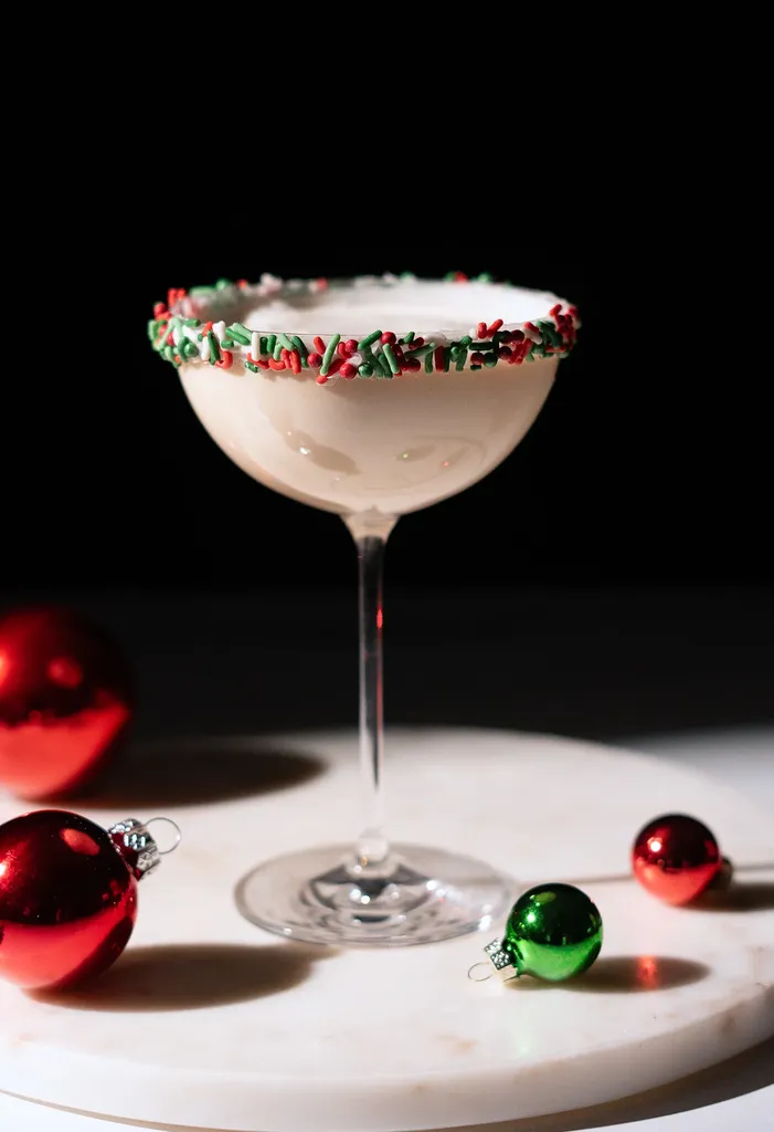 Bledý krémový nápoj v koktailovom pohári lemovanom červeným a zeleným posypom.' title=