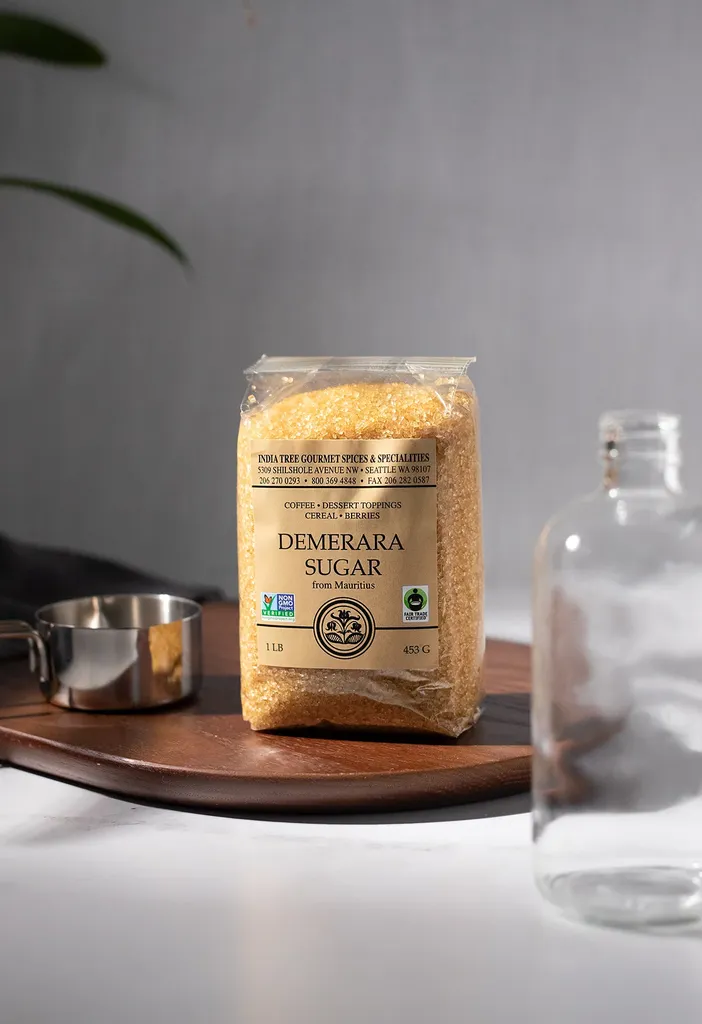 un pacchetto di zucchero demerara su un tagliere di legno.' loading='lazy' title=