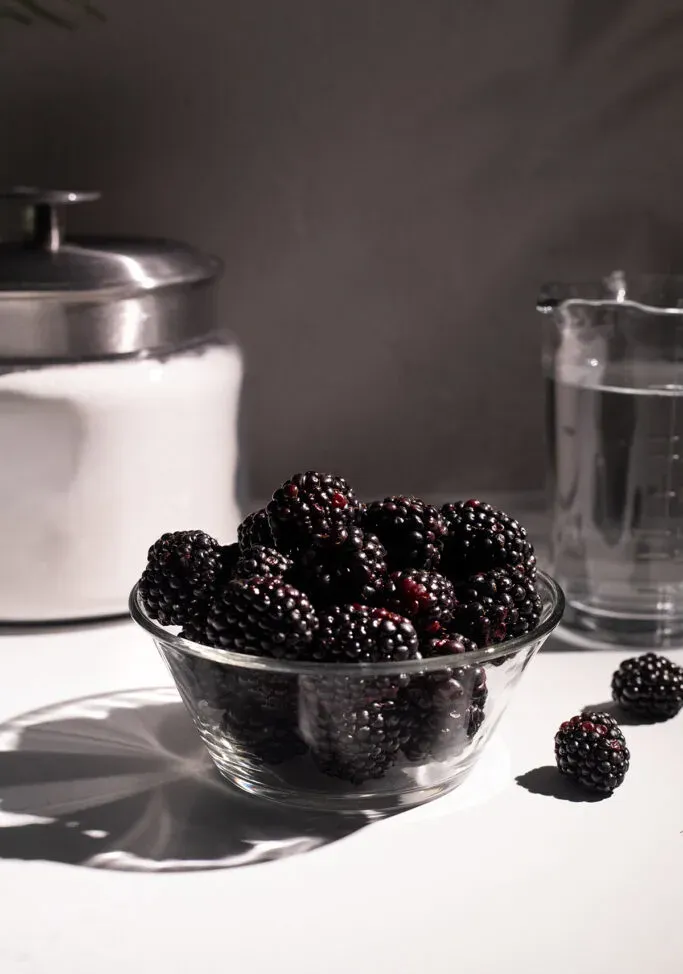 설탕 그릇과 물 한잔 옆에 블랙베리 한 그릇을 닫으세요.' loading='lazy' title=
