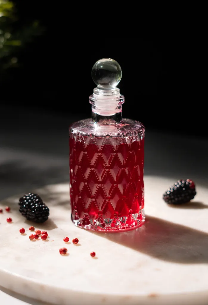 ブラックベリーとピンクペッパーの隣に赤い液体が入った小さなエッチングされたガラス瓶。' title=