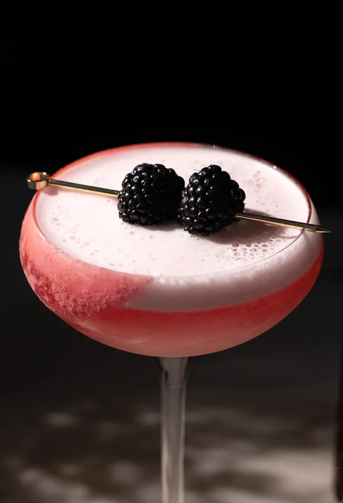 close-up de coquetel rosa em um copo cupê com espuma branca espumosa por cima e duas amoras em uma palheta de coquetel de ouro.' loading='lazy' title=