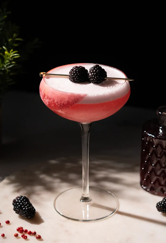 coquetel rosa em um copo cupê com espuma branca por cima e duas amoras em uma palheta de coquetel.' title=