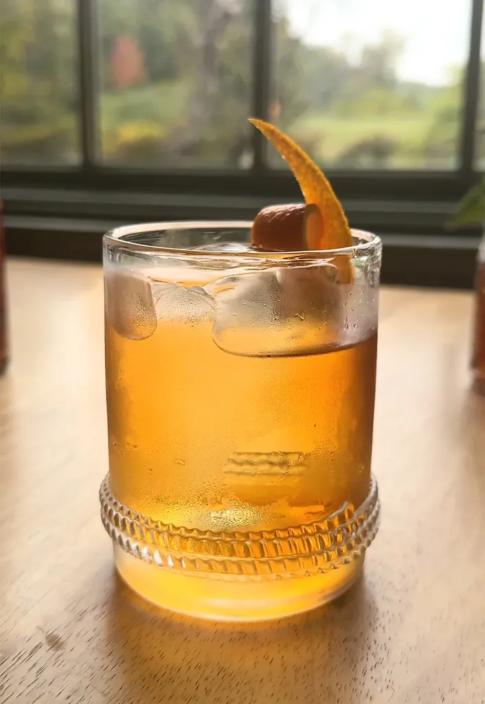 קוקטייל בצבע זהוב בכוס לואובול עם עיטור קליפת תפוז מסולסל.' title=