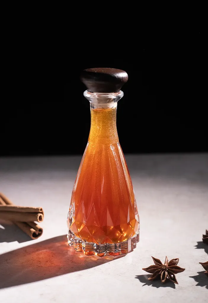 오렌지 브라운 컬러의 시럽이 담긴 멋진 에칭 유리병입니다.' loading='lazy' title=