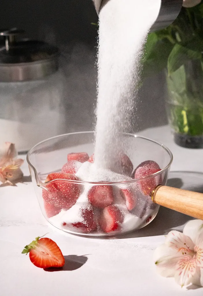 versando lo zucchero bianco sulle fragole in una casseruola di vetro.' loading='lazy' title=