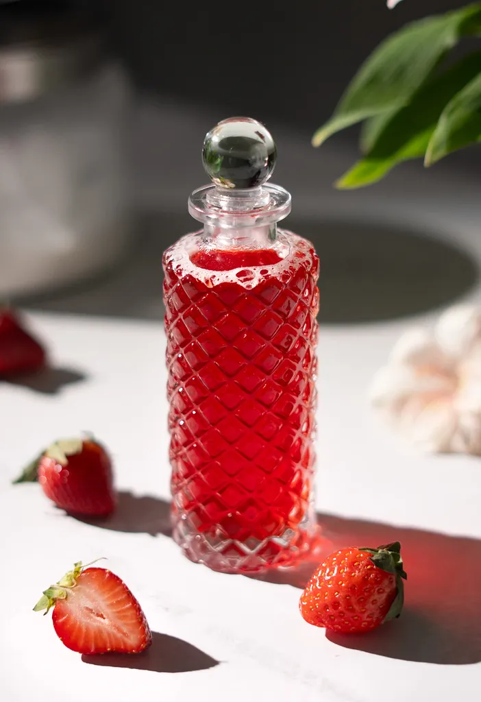 bottiglia di vetro alta di sciroppo rosso accanto alle fragole.' title=