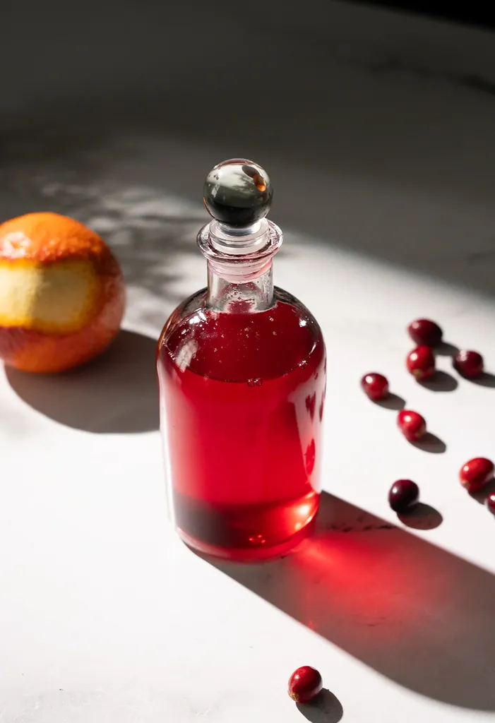 mała szklana butelka czerwonego syropu obok żurawiny i pomarańczy.' title=