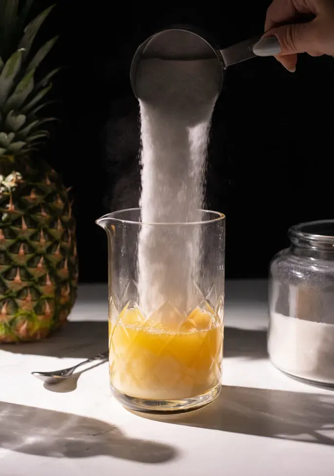 versando un misurino di zucchero in metallo in un mixing glass.' loading='lazy' title=