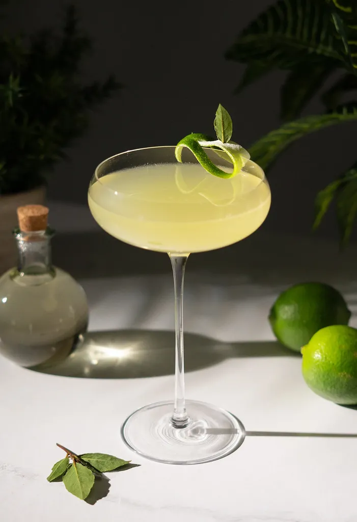 עיטור עלה דפנה וקליפת ליים על שפת כוס הקופה.' title=