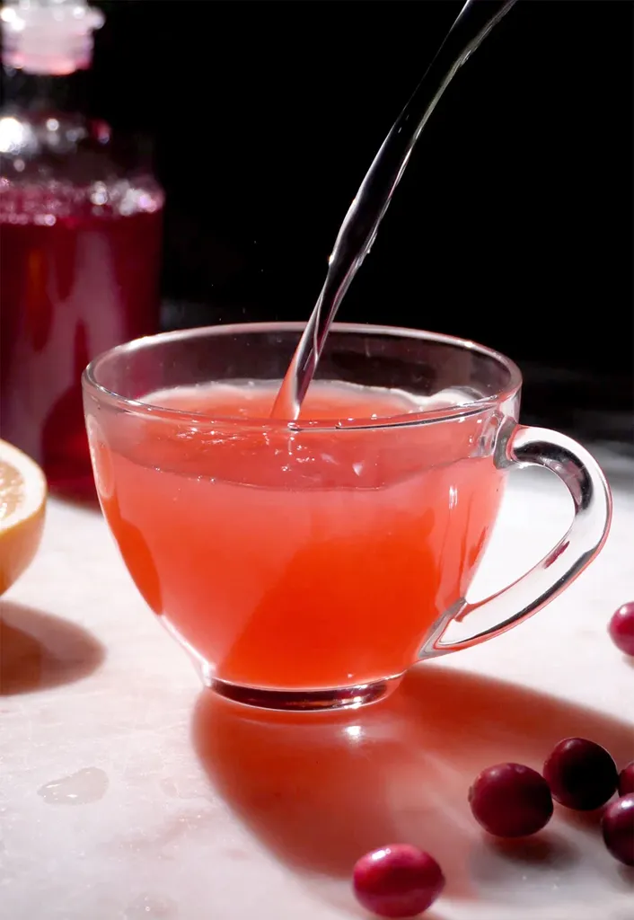 derramando água quente em uma xícara de vidro com um líquido vermelho.' title=