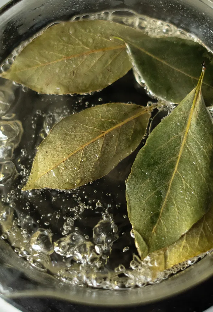 close-up de folhas de louro em calda fervente.' loading='lazy' title=