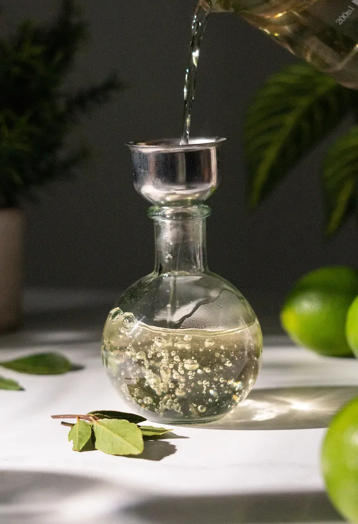 derramando xarope em uma pequena garrafa de vidro.' loading='lazy' title=