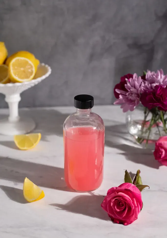 botella de boticario llena de almíbar rosa junto a rosas y limones.' title=