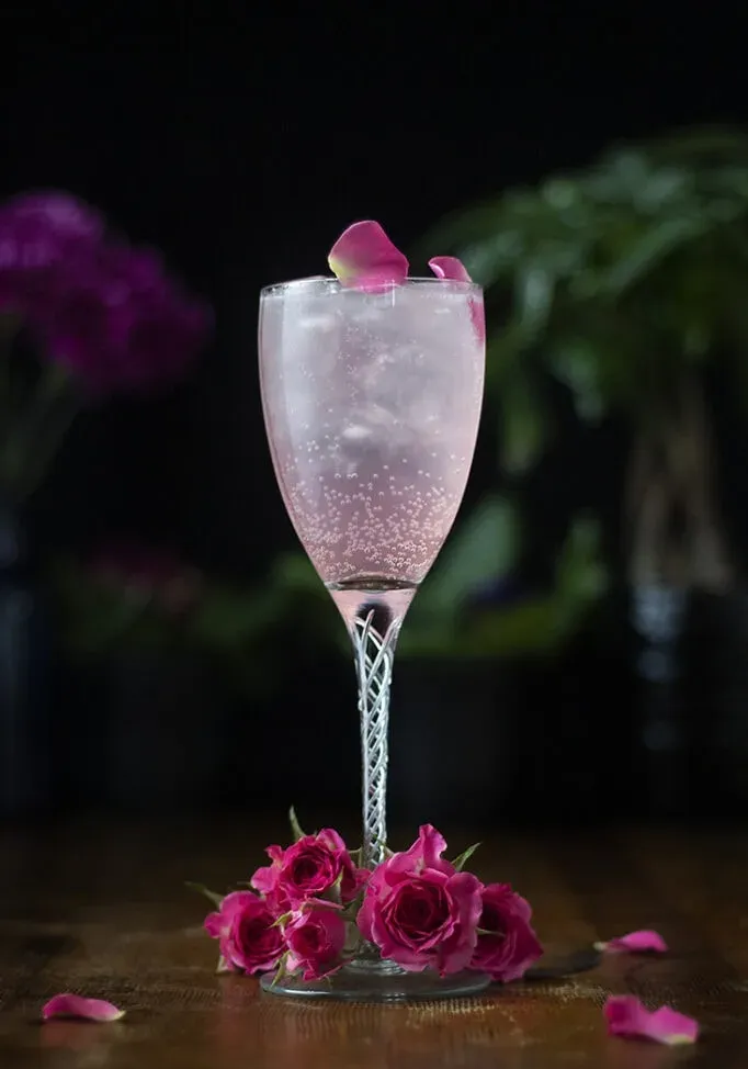Copa de vino llena de bebida de color rosa pálido adornada con pétalos de rosa' title=