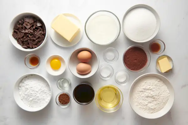 Ingrédients pour faire un gâteau double couche de chocolat