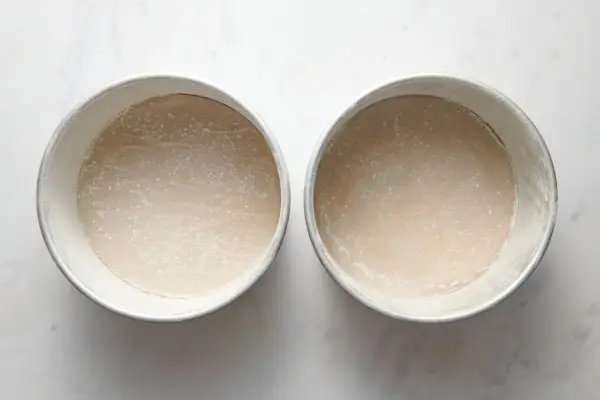 Deux moules à gâteau ronds recouverts de papier sulfurisé et saupoudrés de farine