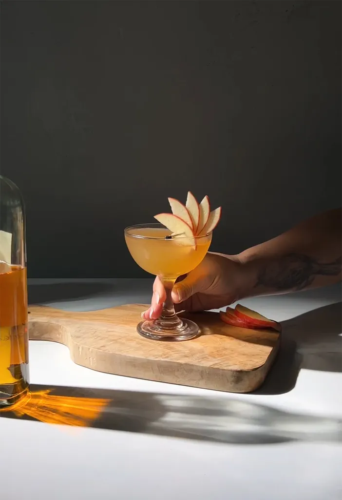 placer à la main un cocktail doré dans un verre coupé sur une planche à découper en bois.' loading='lazy' title=