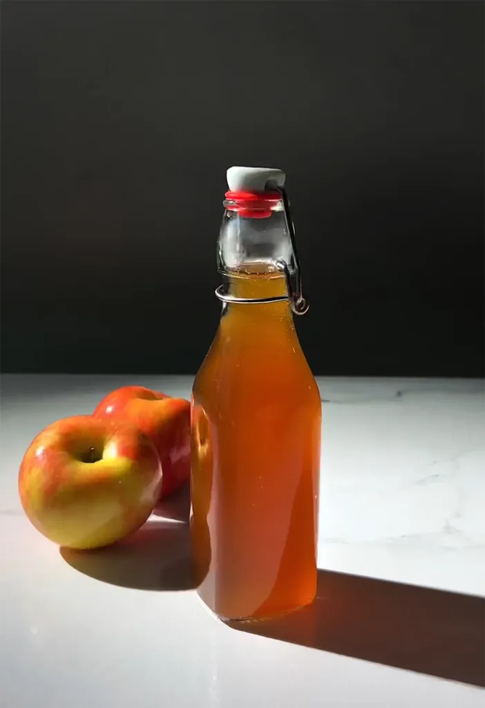 bouteille en verre à bouchon pivotant remplie de sirop brun doré à côté de deux pommes.' loading='lazy' title=