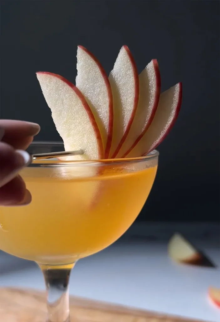 gros plan de tranches de pomme sur un choix de cocktail.' title=