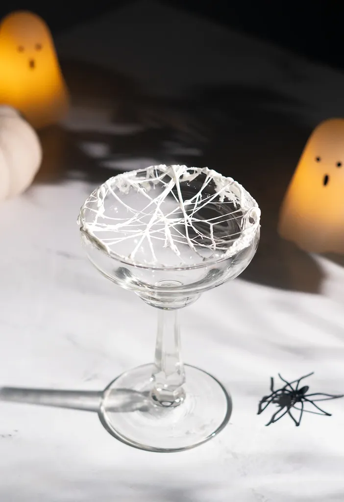 une sangle blanche vaporeuse faite de guimauve drapée sur le dessus d'un verre à cocktail.' loading='lazy' title=