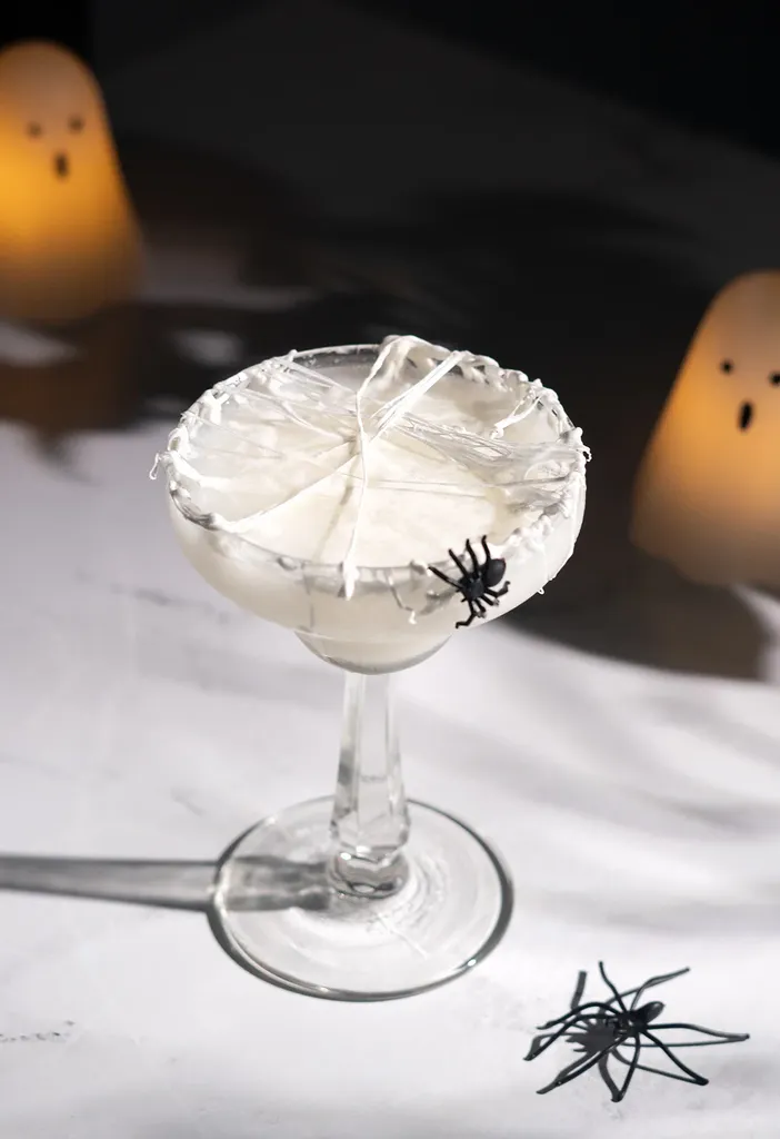 cocktail blanc avec une toile de guimauve blanche sur le dessus et une araignée en plastique noir.' title=