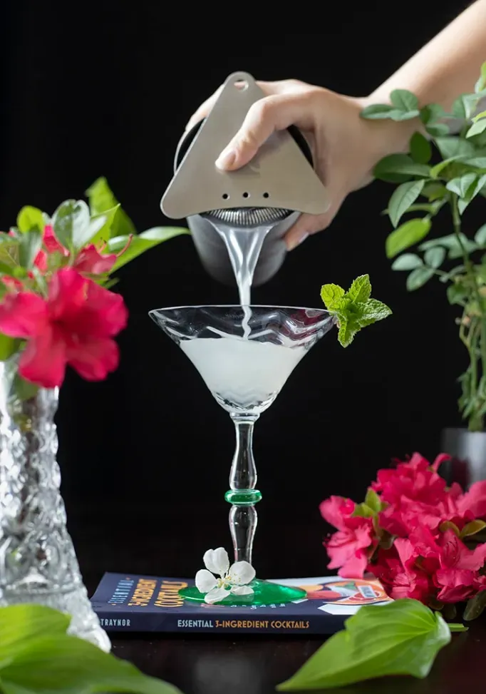 nalévání protřepaného koktejlu ze šejkru do sklenice na martini na černém pozadí s červenými květy' loading='lazy' title=