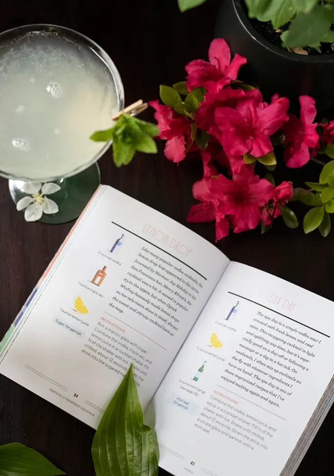 pohled shora dolů na koktejl Spa Day a jeho odpovídající stránku v knize s červenými květy azalky' loading='lazy' title=