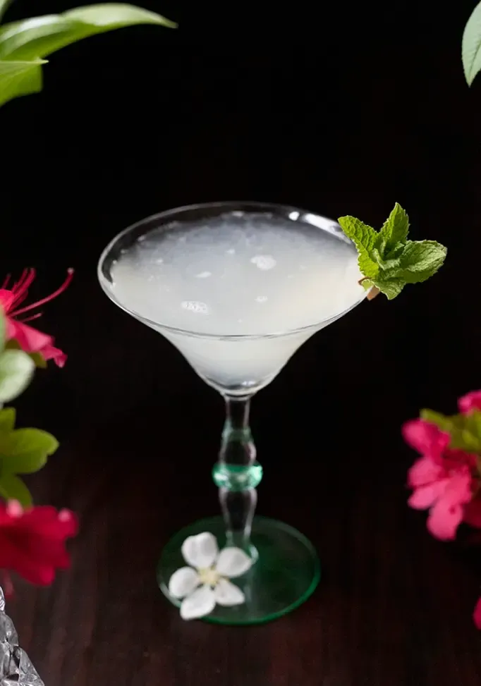 pohled shora dolů na bílý koktejl ve sklenici na martini zdobený mátou obklopený červenými květy' title=