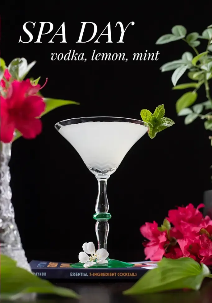 Pohled na sklenku martini s bílým koktejlem zdobeným mátou a textem nahoře s nápisem Spa Day vodka citronová máta' title=