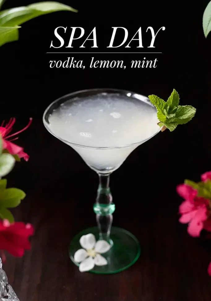 sklenka na martini s lehce napěněným bílým koktejlem zdobeným mátou a textem na vrchu s nápisem Spa Day vodka citronová máta' title=