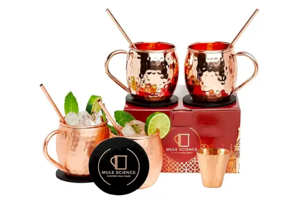 [Darčeková sada] Mule Science Moscow Mule Hrnčeky 4 ks | 100% ručná práca | Bezpečné pre potraviny | Medené hrnčeky s bonusovým príslušenstvom | Zakaliť odolné medené poháre | 16 oz.