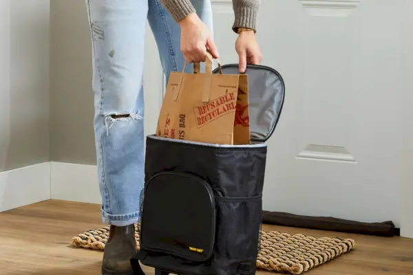 Persona che prende la borsa della spesa dal frigorifero ultra compatto dbest Products