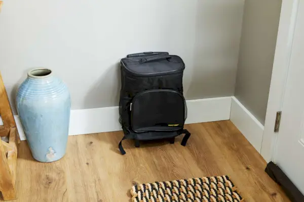 Il frigorifero portatile ultracompatto dbest Products esposto contro un muro vicino a un vaso