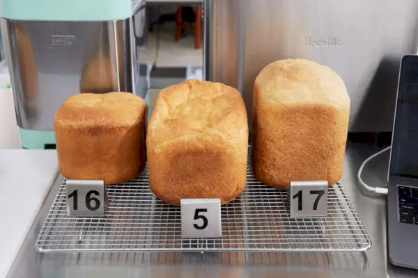 金属製のラックに並べられた 3 つの異なる焼きたてのパン