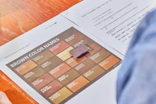 Um pedaço de chocolate amargo Pascha em uma cartela de cores